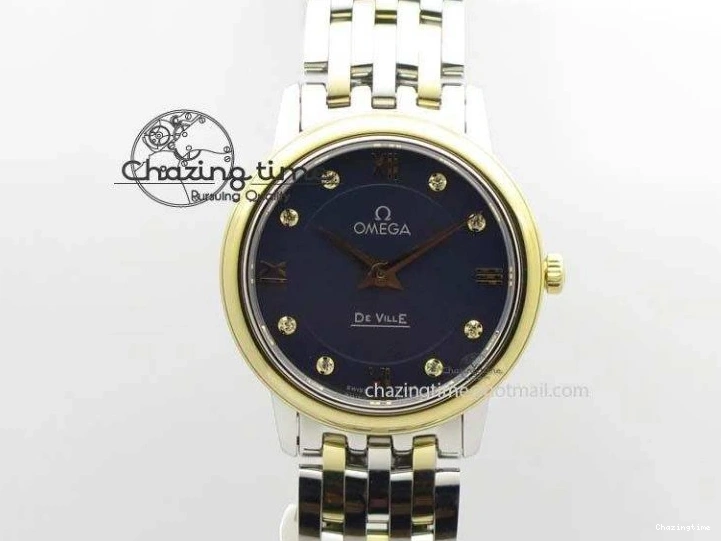 0124 HighQuality De Ville 27mm SS YG Ladies MK 1:1 Best Edition Blue Dial Diamond Markers On SS Bracelet Ronda Quartz 8186